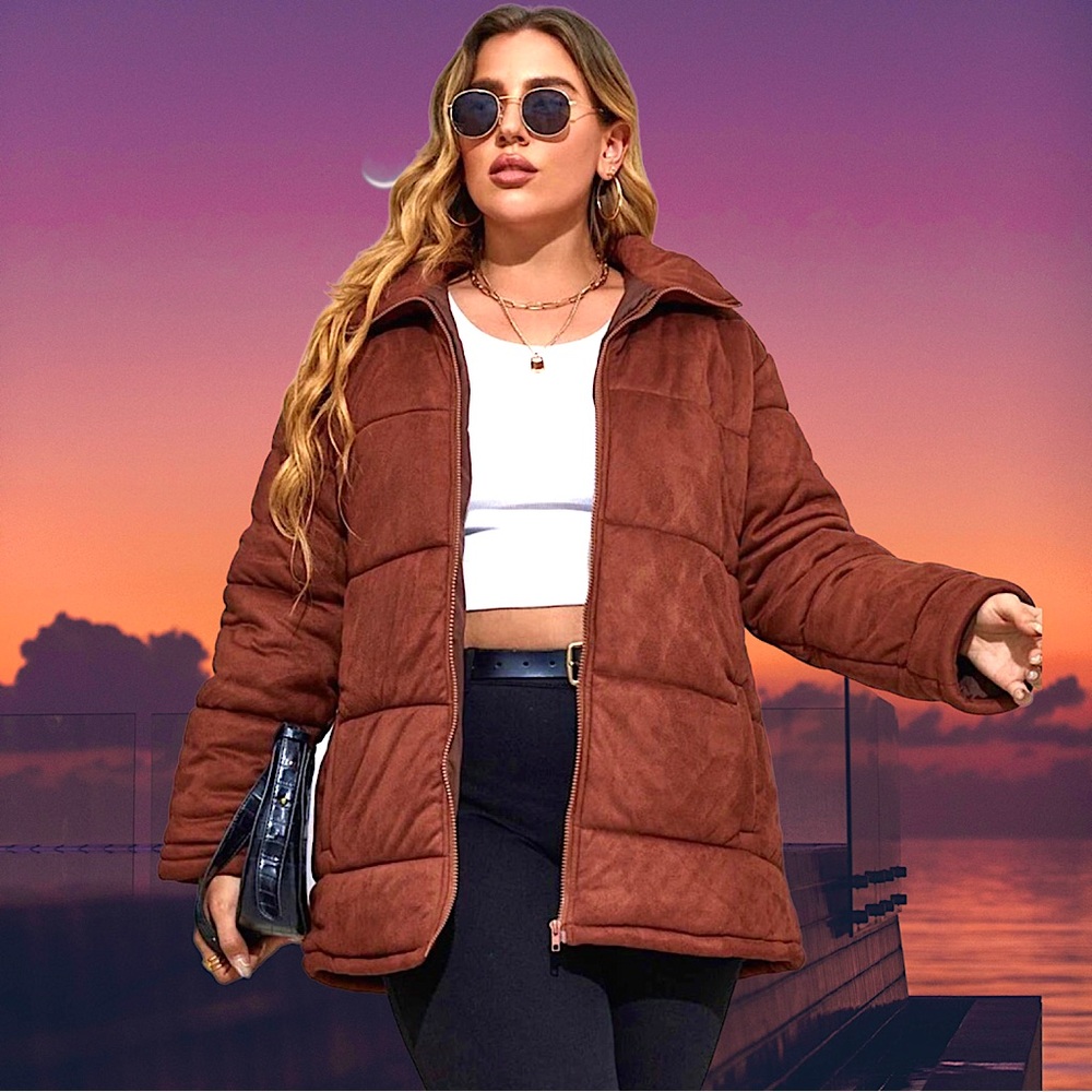 🆕Women’s plus-size Brown Faux Suede Zip-up Puffer Jacket Coat❤️❤️3X